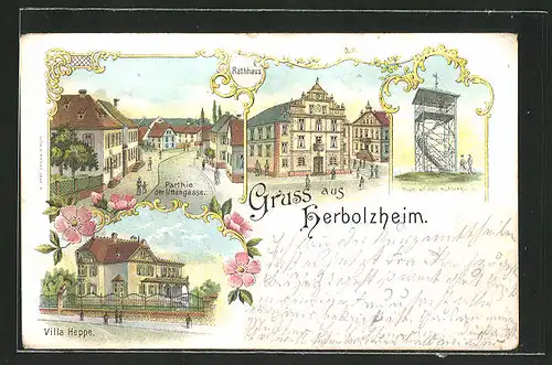 Lithographie Herbolzheim, Villa Heppe, Parthie d. Uttengasse, Rathhaus, Thurm auf dem Kahlenberg