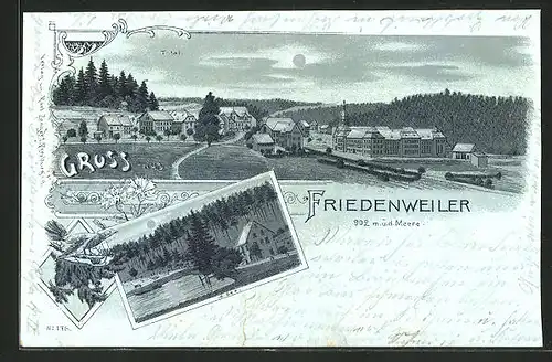 Mondschein-Lithographie Friedenweiler, Seepartie, Totalansicht mit bewaldeten Hügeln im Hintergrund