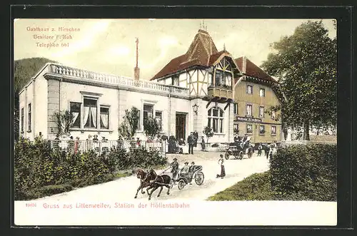 AK Littenweiler, Gasthaus z. Hirschen von F. Ruh mit Pferdekutsche