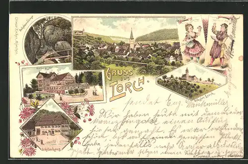 Lithographie Lorch, Ortsansicht mit Kirche, Schelmenklinge, Gasthof zur Harmonie, Schillerhaus und Kloster Lorch