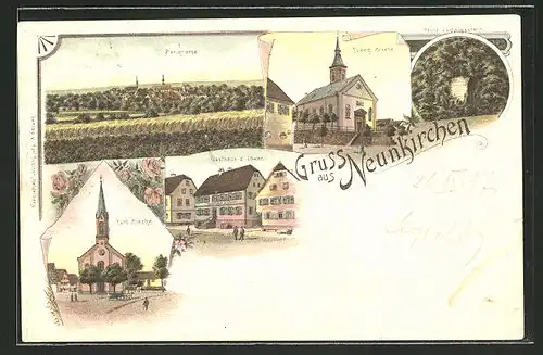 Lithographie Neunkirchen, Ortsansicht, Gasthaus zum Löwen, Prinz Ludwigstein, evang. und kath. Kirche