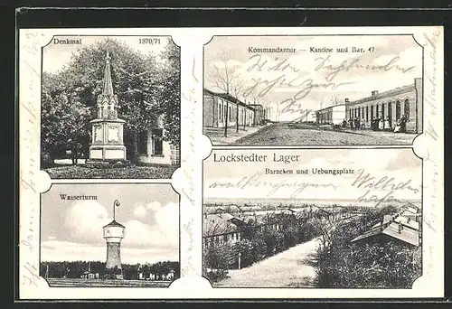 AK Lockstedt, Lager, Denkmal, Kommandantur-Kantine und Bar. 47, Baracken und Übungsplatz, Wasserturm
