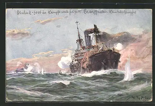 Künstler-AK Willy Stoewer: U-Boot-Spende 1917, Deutsches U-Boot im Gefecht mit bewaffnetem Handelsdampfer