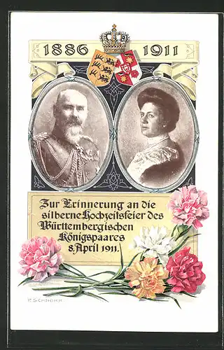 Künstler-AK Silberne Hochzeit des Königspaares von Württemberg 8.4.1911, Ganzsache 5 Pfg.
