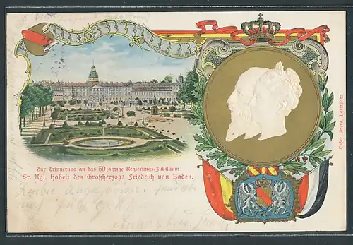 Präge-AK 50 jähriges Regierungs-Jubiläum des Grossherzogs Friedrich von Baden, Schloss
