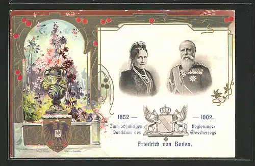Präge-AK 50 jähriges Regierungs-Jubiläum des Grossherzogs Friedrich von Baden 1902, Grossherzogspaar
