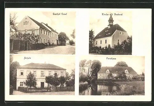 AK Cosel, Gasthof Cosel, Schule, Forsthaus, Kirche mit Denkmal