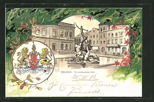 Passepartout-Lithographie Bremen, Partie am Teichmannsbrunnen, Stadt-Wappen