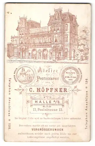 Fotografie C. Hopfner, Halle a/S, Ansicht Halle a/S, Atelier Poststrasse 13, vordersetig Portrait Dame