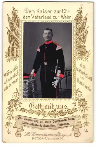 Fotografie H. Zwirnemann, Potsdam, Portrait Soldat mit Schulterstück 173, Lehr-Inf.-Batl. Potsdam, handkoloriert