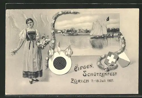 AK Zürich, Eidgen Schützenfest 1907, Flusspartie, Frau in Tracht, Schützenverein