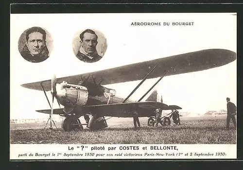 AK Aérodrome du Bourget, Doppeldecker-Flugzeug, Piloten Costes und Bellonte