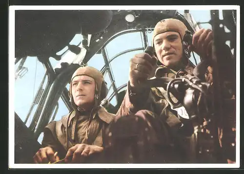 AK Blick in die Kanzel einer Junkers-Ju 88 mit Kampfpiloten