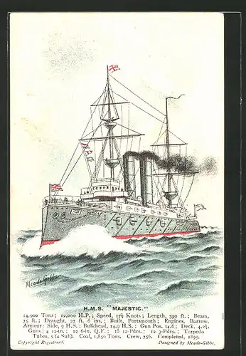 Künstler-AK Kriegsschiff H.M.S. "Majestic" in voller Fahrt
