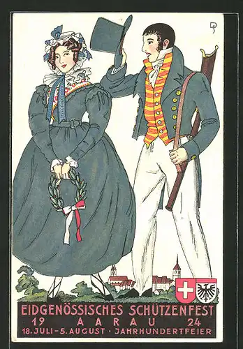 Künstler-AK Aarau, Eidgenössisches Schützenfest 1924, Paar in historischer Tracht