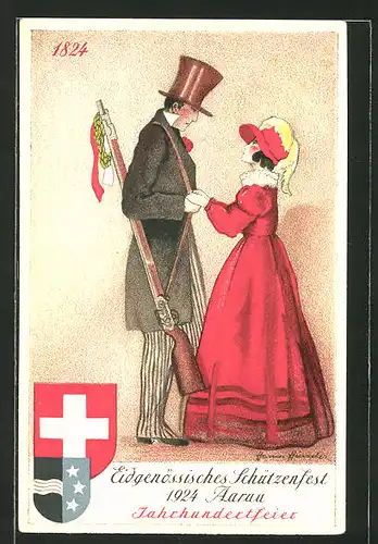 Künstler-AK Aarau, Eidgenössisches Schützenfest 1924, Schütze mit Frau um 1824