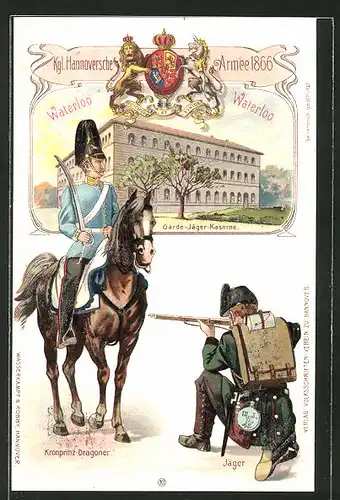 Lithographie Kgl. Hannoversche Armee 1866, Garde-Jäger-Kaserne, Kronprinz-Dragoner und Jäger