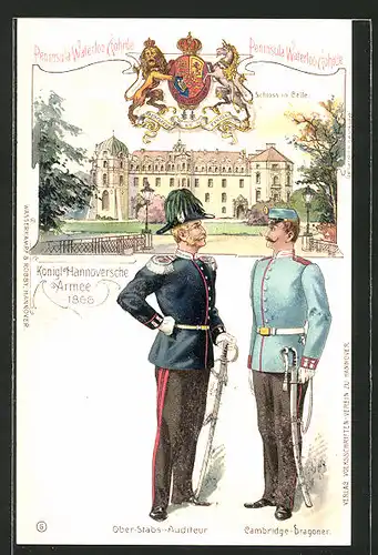 Lithographie König. Hannoversche Armee 1866, Schloss in Celle, Ober-Stabs-Auditeur und Cambridge-Dragoner