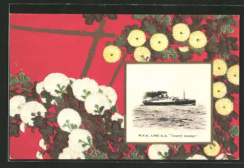 Künstler-AK Japanisches Passagierschiff "Taiyo Maru" der N.Y.K. Linie unter Volldampf, Blumen