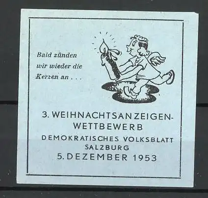 Reklamemarke Demokratisches Volksblatt Salzburg 1953, 3. Weihnachtsanzeigenwettbewerb, Engel mit Kerze