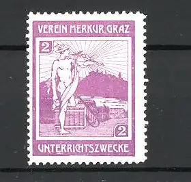 Reklamemarke Verein Merkur, Graz, Unterrichtszwecke, Mann mit Anker, lila