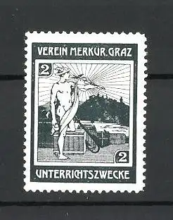 Reklamemarke Verein Merkur, Graz, Unterrichtszwecke, Mann mit Anker, dunkelgrün