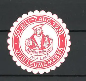 Reklamemarke Malmö, Skane Mässan 1937, Kaufmann mit Geldbeutel und Wappen