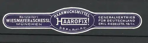 Reklamemarke München, Haarwuchsmittel "Haarofix" von Wiesmayer & Schessl
