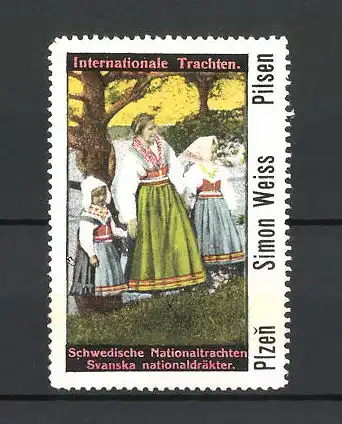 Reklamemarke Pilsen, Internationale Trachten, Frau und Kinder in schwedischer Nationaltracht