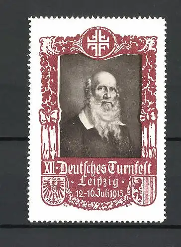 Reklamemarke Leipzig, 12. Deutsches Turnfest 1913, Porträt Turnvater Jahn, rot
