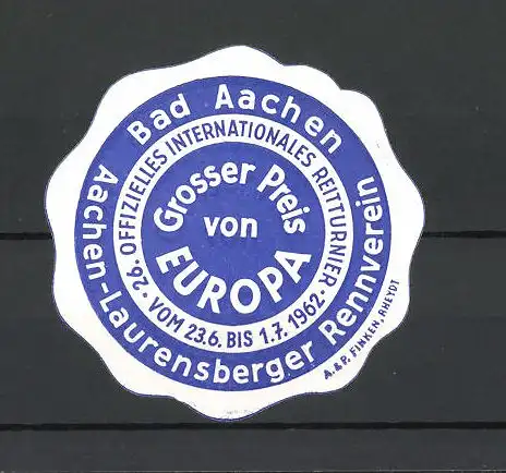 Reklamemarke Bad Aachen, 26. Offizielles Internationales Reitturnier 1962, Grosser Preis von Europa