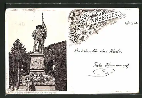 Lithographie Innsbruck, Andreas Hofer-Monument am Berg Isel
