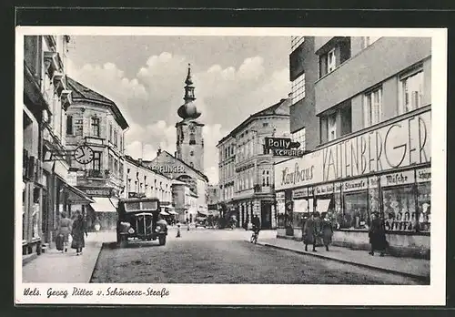 AK Wels, Blick in die Georg Ritter v. Schönerer-Strasse, Kaufhaus Kaltenberger