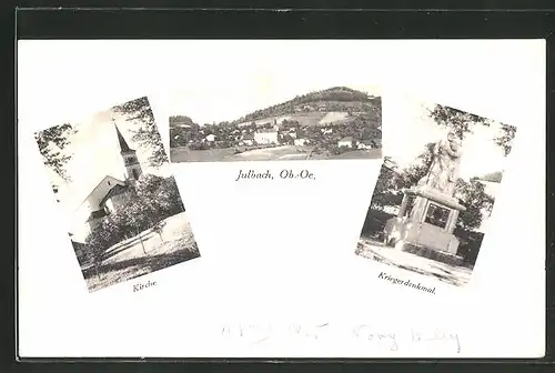 AK Julbach, Ortsansicht, Blick auf Kirche und Kriegerdenkmal