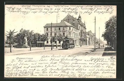 AK Gevelsberg, Hagenerstrasse mit Hotel Kaiserhof, Denkmal & Strassenbahn