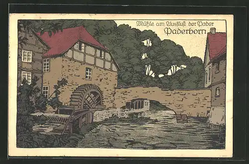 Steindruck-AK Paderborn, Mühle am Ausfluss der Pader