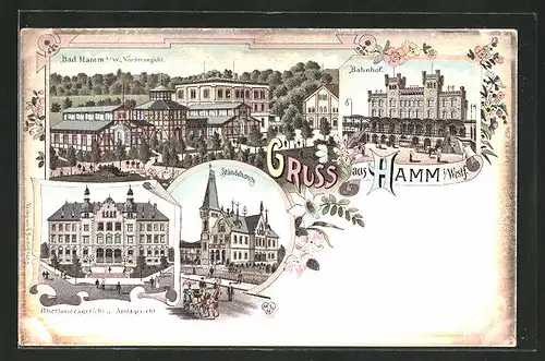 Lithographie Hamm, Oberlandsgericht & Amtsgericht, Ständehaus, Bahnhof, Vorderansicht