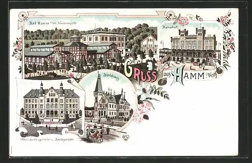 Lithographie Hamm, Oberlandesgericht & Amtsgricht, Ständehaus, Bahnhof, Vorderansicht