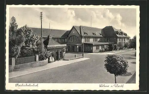 AK Löhne, Reichsbahnhof mit Strassenpartie