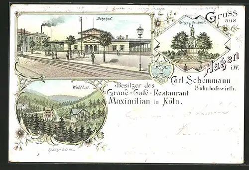 Lithographie Hagen, Bahnhof, Waldlust, Krieger Denkmal