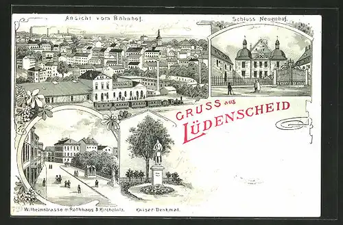 Mondschein-Lithographie Lüdenscheid, Wilhelmstrasse m. Rathaus & Kirchplatz, Schloss Neuenhof, Ansicht vom Bahnhof
