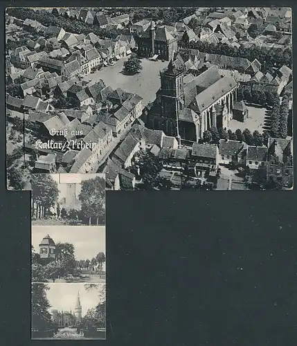 Leporello-AK Kalkar / Norddrhein, Ortsansicht mit Kirche, Nikolaikirche, Inneres, Schloss Moyland, Taubenturm