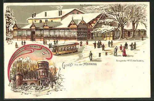 Winter-Lithographie Duisburg, Gasthaus Monning und Aussichtsturm auf dem Kaiserberg