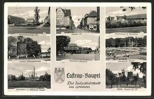 AK Castrop-Rauxel, Waldenburger Strasse, Kohle Zeche Victor III / IV, Schloss Bladenhorst, Rüttgers- & Klöckner Werke