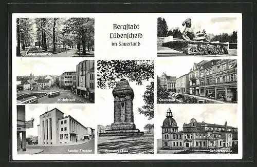 AK Lüdenscheid, Loher Wädchen, Ehrenmal, Mittelstadt, Apollo-Theater, Oberstadt, Bismarcksäule, Schützenhalle