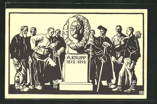 AK Essen, Hundertjahrfeier der Fa. Krupp 1912, Arbeiter am Denkmal