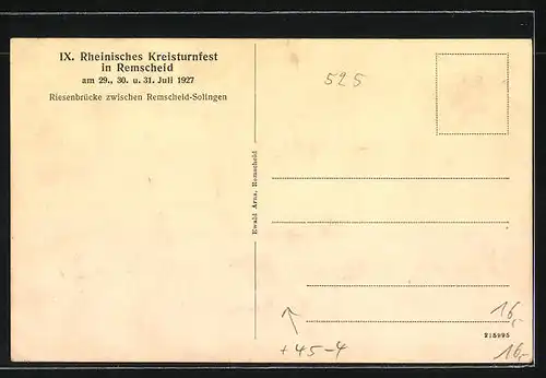 AK Remscheid, IX. Rheinisches Kreisturnfest 1927, Turner auf der Riesenbrücke zwischen Remscheid-Solingen