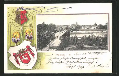 Passepartout-Lithographie Minden i. W., Ortspartie mit Brücke, Wappen