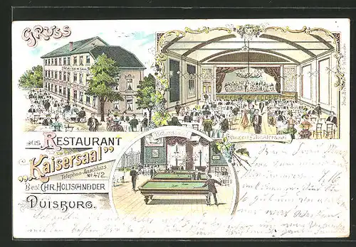 Lithographie Duisburg, Restaurant "Kaisersaal" mit Billardzimmer und Festsaal