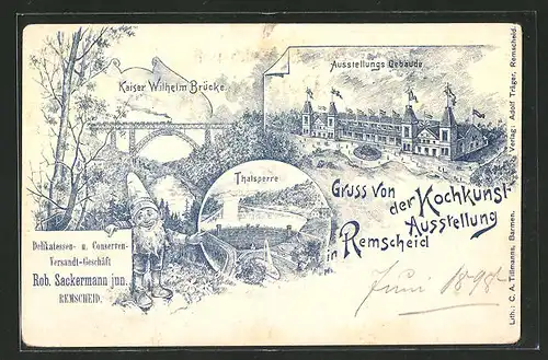 Lithographie Remscheid, Kochkunst-Ausstellung, Blick auf Kaiser Wilhelm Brücke, Thalsperre u. Ausstellungs-Gebäude